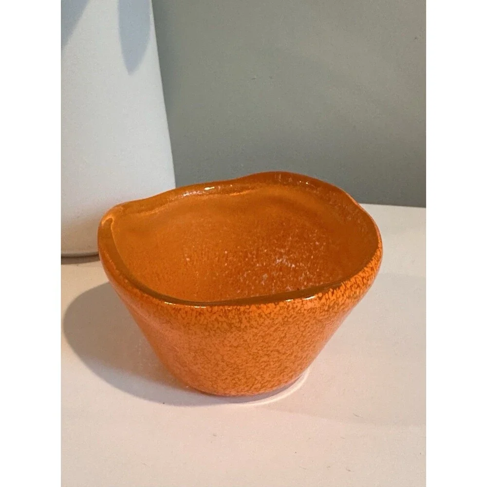 Mid Century Murano Style Orange Mottled Glass Mini Bowl Wavy Edge 3.5”